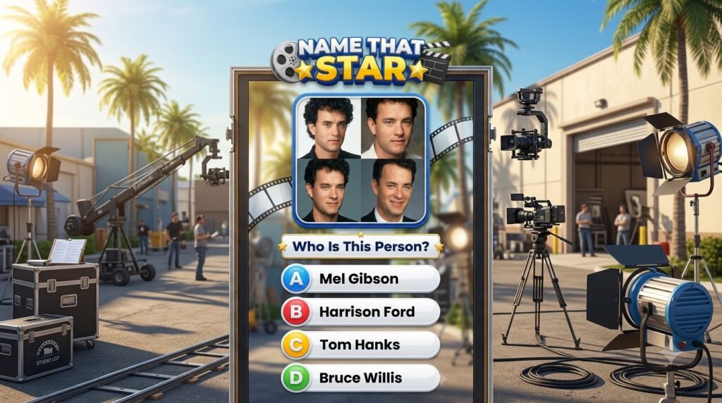 A mobile game interface showing four headshots of a young Tom Hanks with the question Who Is This Person and four multip