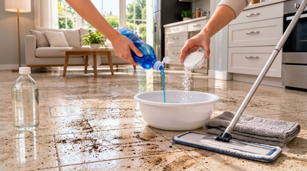 Hands mixing blue liquid white granules and clear liquid in a white basin on a tiled floor with a mop nearby under natur