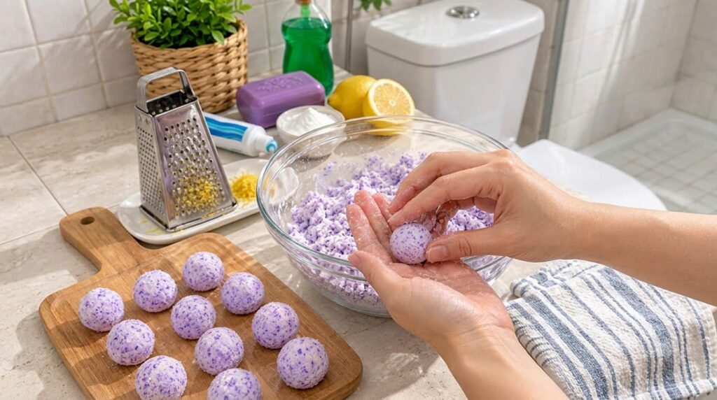 Hands forming a spherical cleaning bomb from a purple granular mixture in a glass bowl with finished bombs on a wooden b