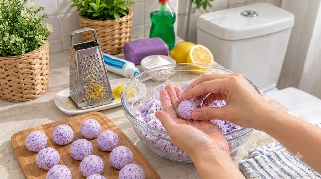 Hands shaping a purple-and-white speckled bath bomb with finished bombs on a wooden board and cleaning supplies in the b