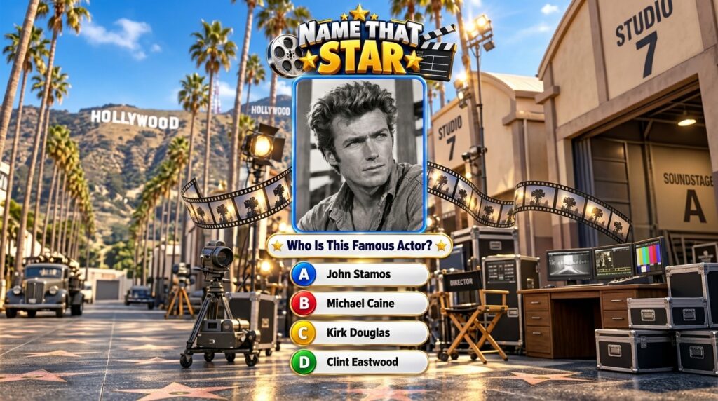 A mobile game interface featuring a black and white portrait of young Clint Eastwood set against a Hollywood studio back