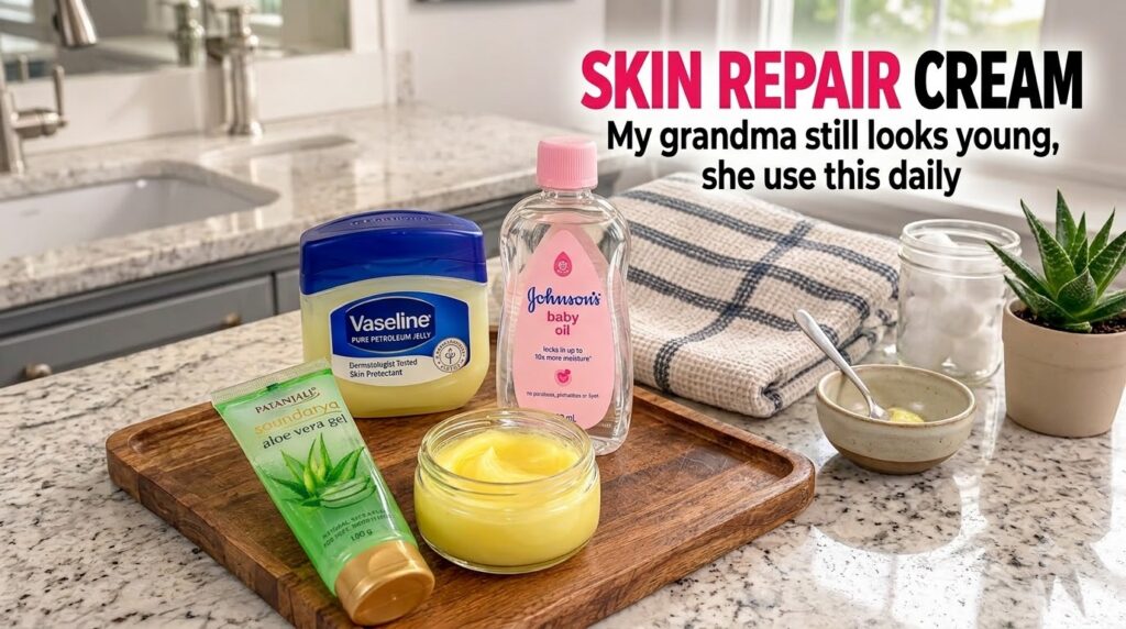 A clear flat lay image showing a jar of Vaseline a bottle of baby oil a tube of aloe vera gel and a small open jar of ye
