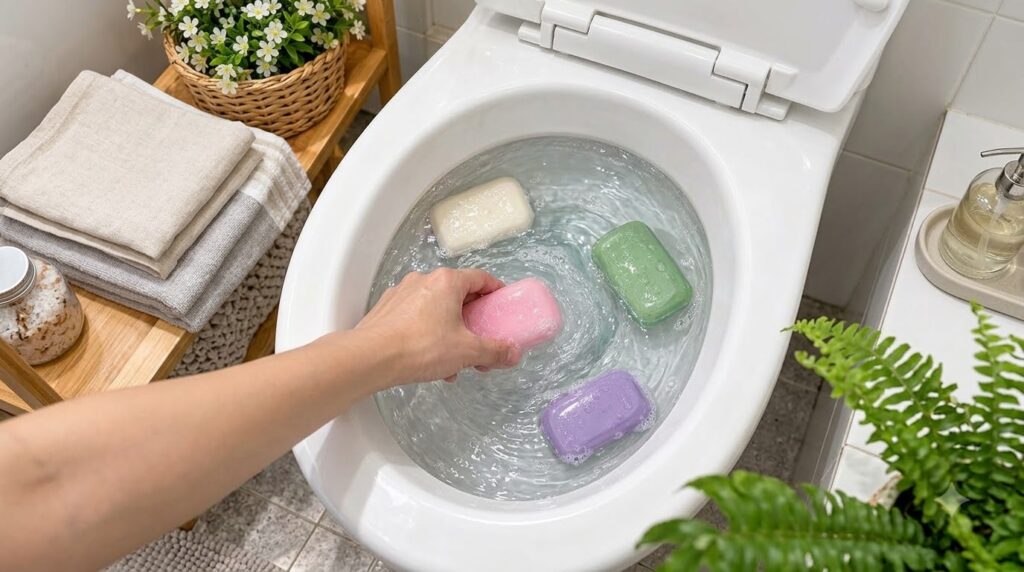 A top-down view of a toilet bowl filled with clear water with a human hand submerging a pink bar of soap Three other col