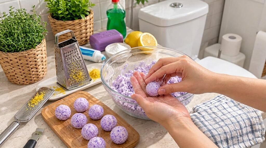 Hands forming a small spherical purple cleaning bomb from a mixture in a clear glass bowl with several finished purple s