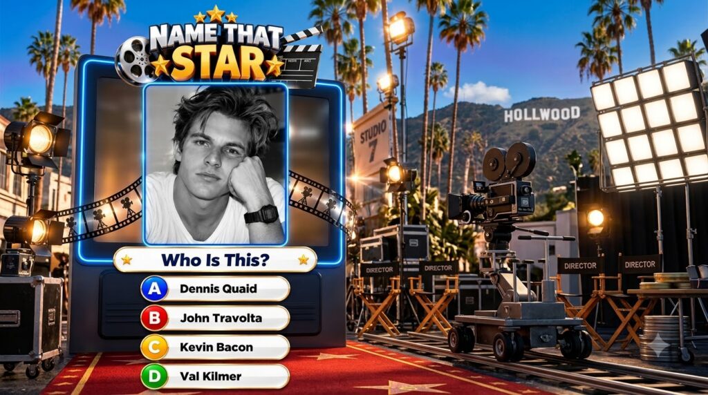 A vertical mobile game screen for a Name That Star quiz showing a black and white portrait of a young Dennis Quaid frame