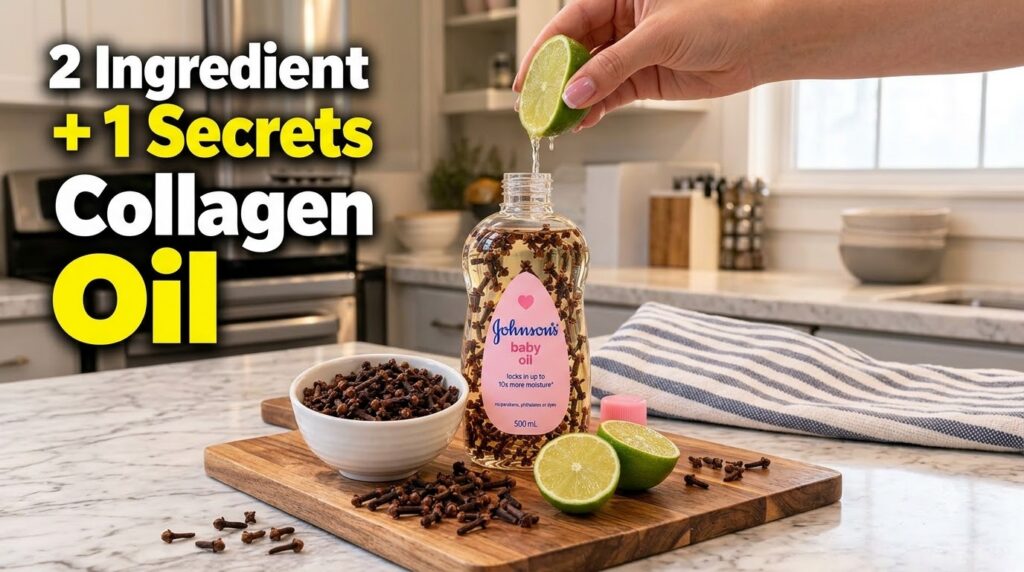 A hand squeezing a lime into a bottle of baby oil filled with cloves with loose cloves and lime halves on a wooden board