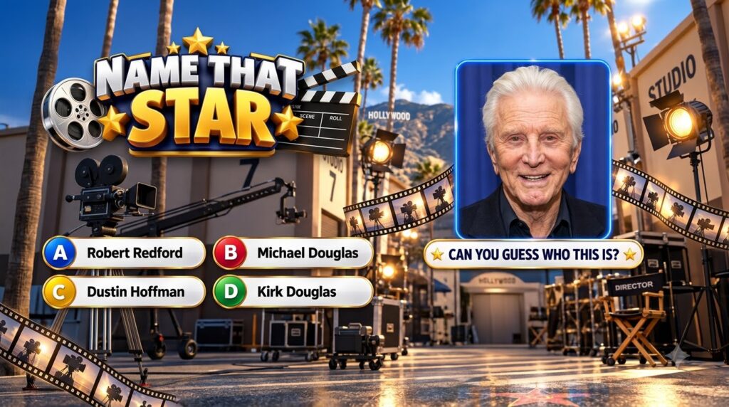 A quiz screen asking Name That Star with an elderly Kirk Douglas framed in a glowing blue border set against a stylized