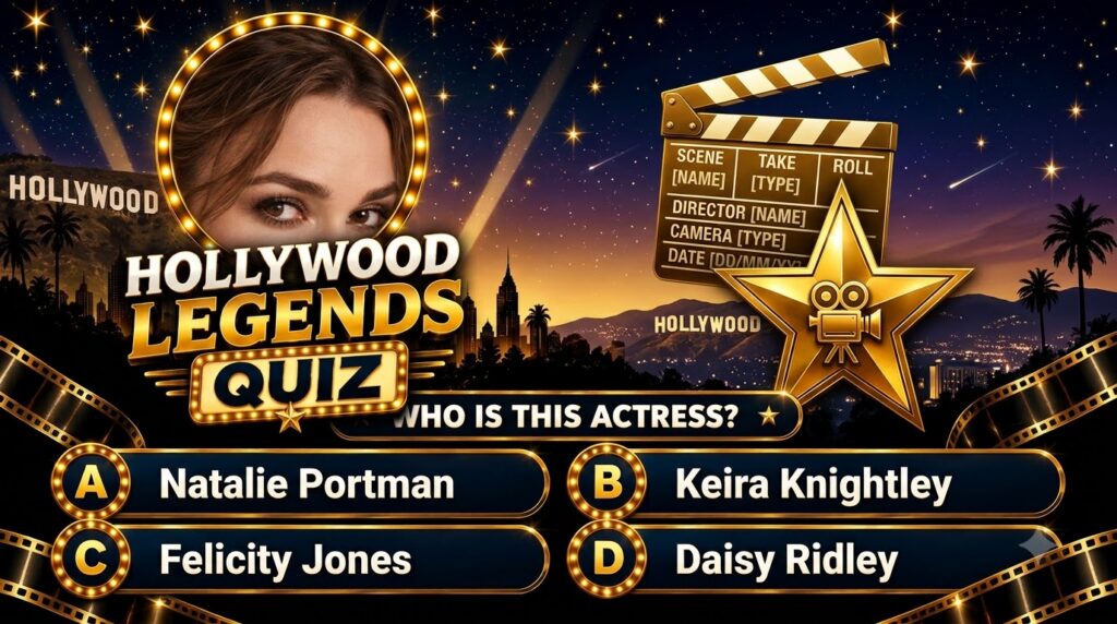A quiz image showing a close-up of an actress s eyes and forehead framed in a circular marquee light border against a st
