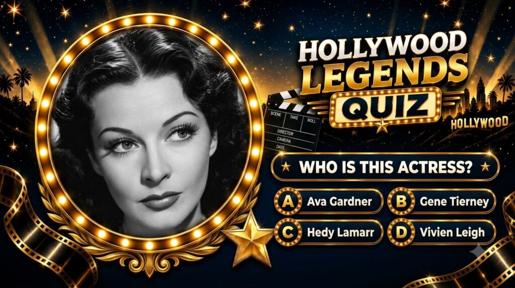 A vertical quiz poster titled HOLLYWOOD LEGENDS QUIZ featuring a black and white close-up of a classic actress s eyes an
