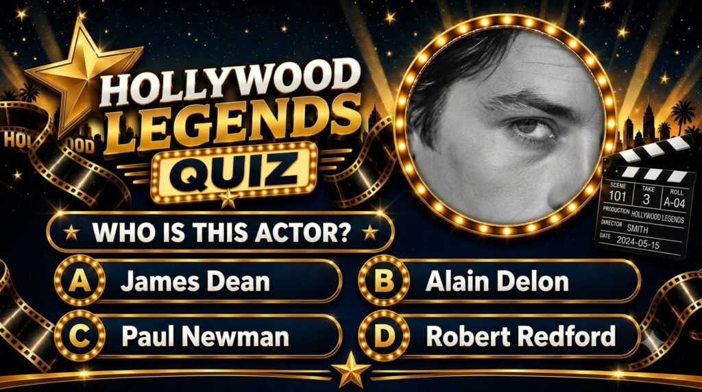 A vertical quiz screen showing a close-up monochrome image of a man s eye and forehead framed by a glowing marquee The b