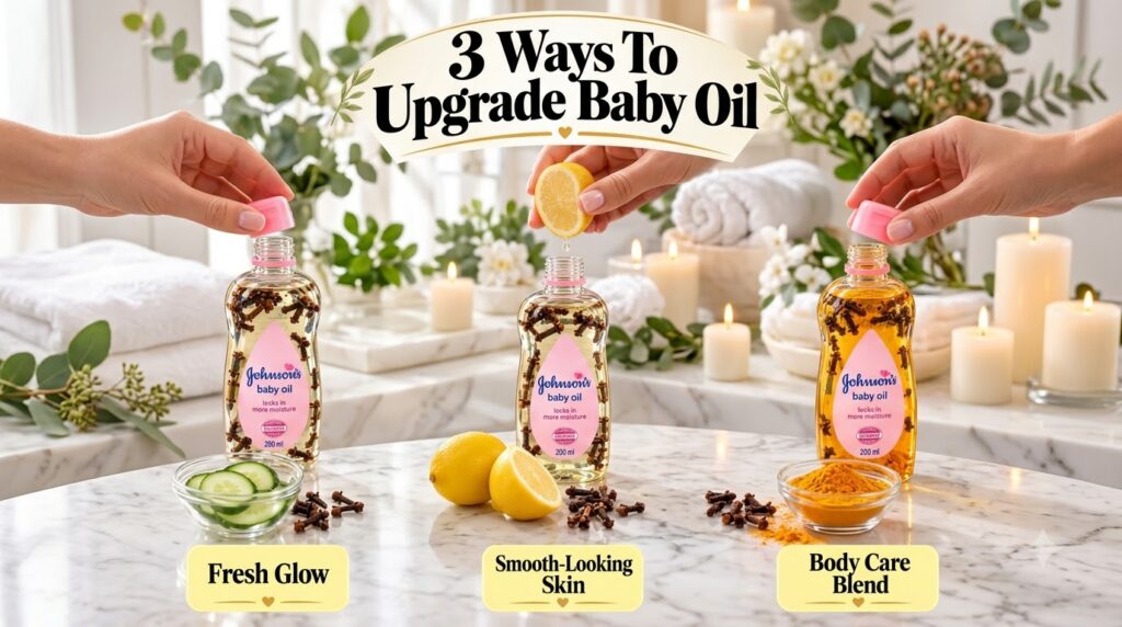 A triptych showing three glass bottles of baby oil each infused with natural ingredients The left bottle has cucumber sl