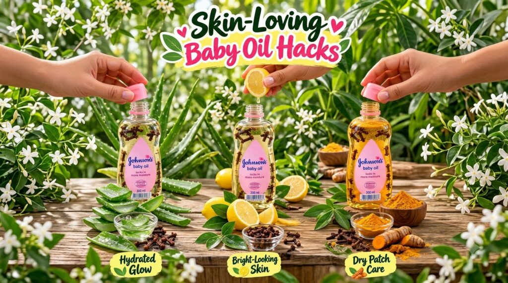A bright vertically-arranged triptych showcasing Skin-Loving Baby Oil Hacks Each panel features a baby oil bottle with c