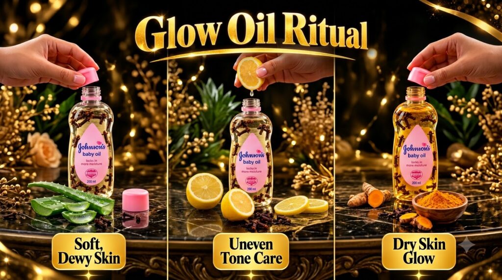 Three bottles of baby oil infused with natural ingredients like aloe vera turmeric and cloves with hands interacting wit