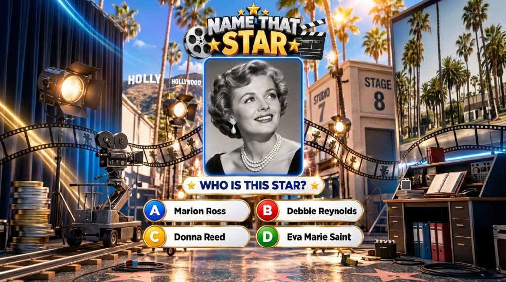 A black and white portrait of a smiling classic actress adorned with pearls set within a Hollywood-themed quiz interface