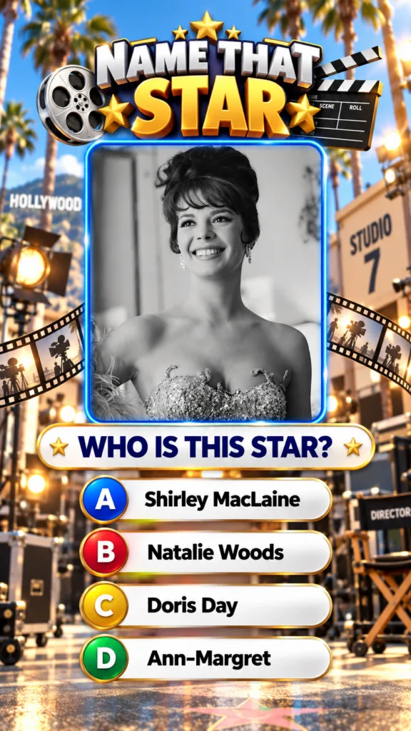 A black and white portrait of Natalie Wood smiling elegantly as seen on a mobile quiz screen titled NAME THAT STAR The b