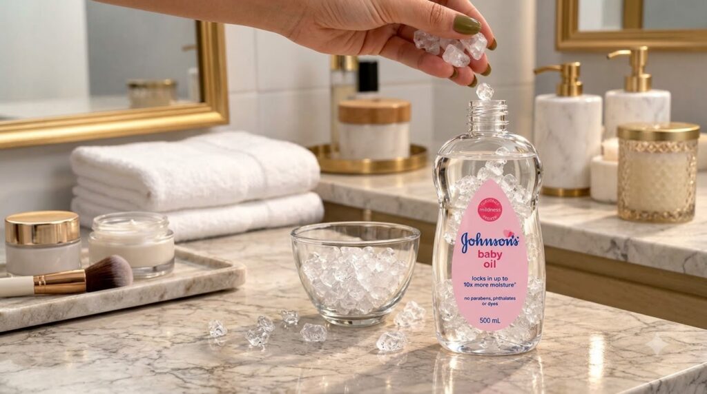 A hand adding clear shimmering crystals or natural ingredients into a bottle of natural carrier oil with a small bowl of