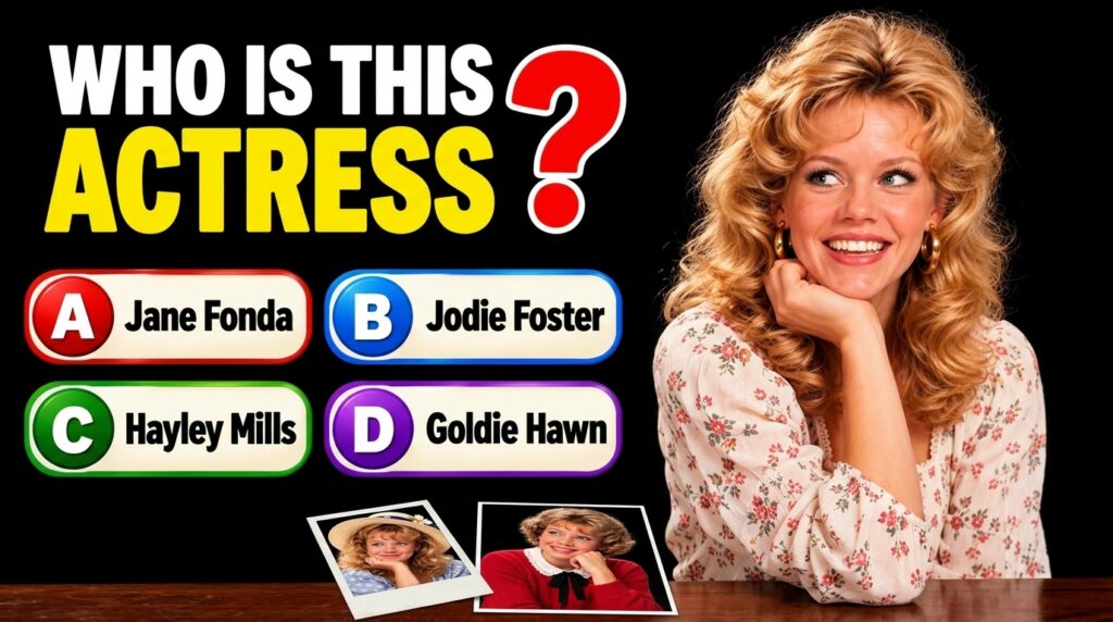 A quiz asking WHO IS THIS ACTRESS with a central portrait of a smiling blonde woman with curly hair and two smaller inse