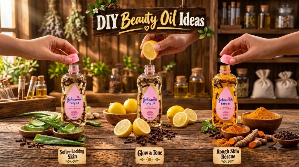 A hand opening a baby oil bottle with fresh aloe vera leaves resting below the bottle illustrating the ingredients for s