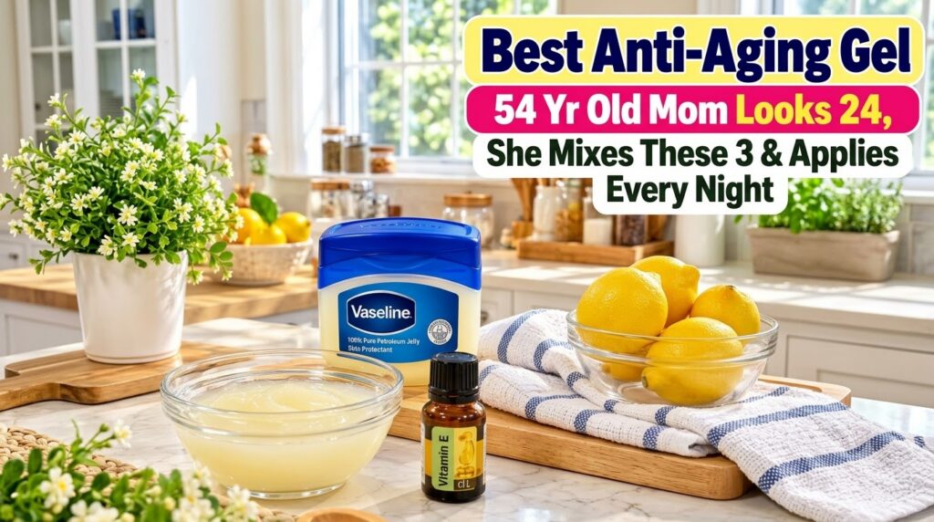 A close-up of a homemade light yellow anti-aging gel in a clear bowl on a marble countertop with a jar of Vaseline and a