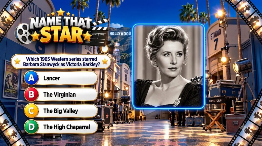 Mobile trivia game screen with a black-and-white portrait of actress Barbara Stanwyck framed by a blue border Below are