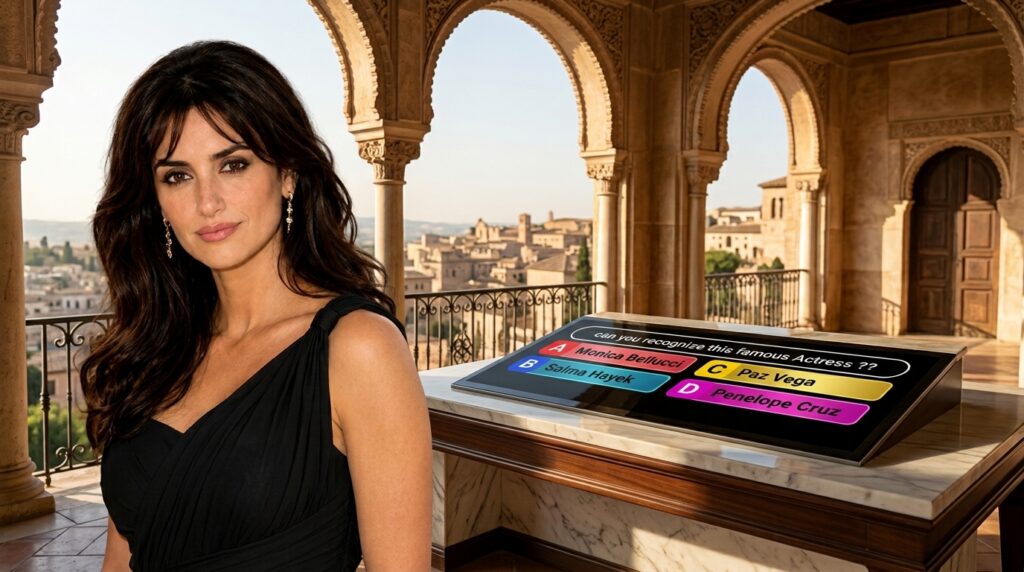 A multiple-choice quiz image showing a headshot of Penélope Cruz with four answer options below
