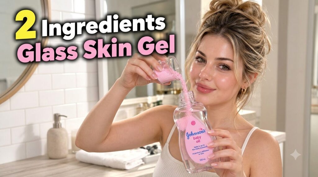 A young woman with radiant glass skin holding a small glass measuring cup pouring pink powder into a bottle of Johnson s