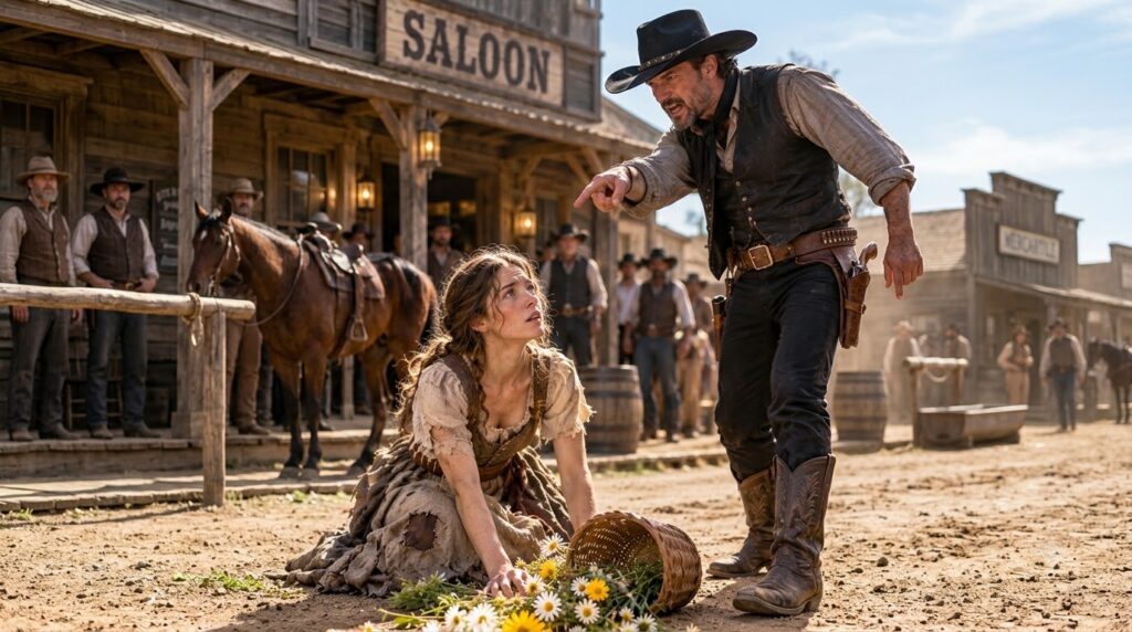 A distressed woman kneels on dusty ground pleading with an angry cowboy Spilled flowers are beside her and a saloon sign