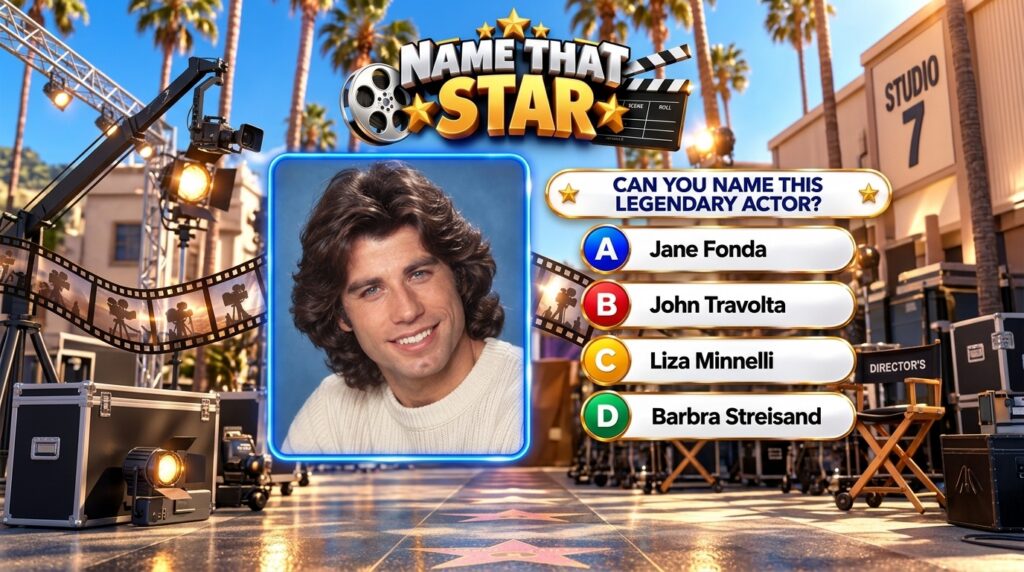 A game screen titled Name That Star featuring a portrait of actor John Travolta with classic Hollywood background elemen