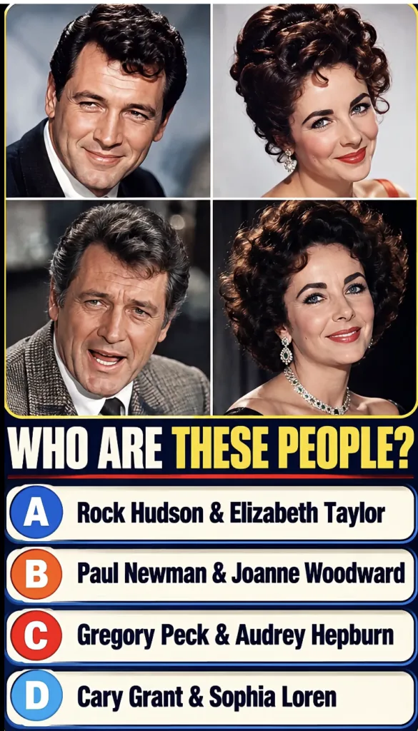 The original quiz image showing four portraits of Rock Hudson and Elizabeth Taylor at different ages with the question W