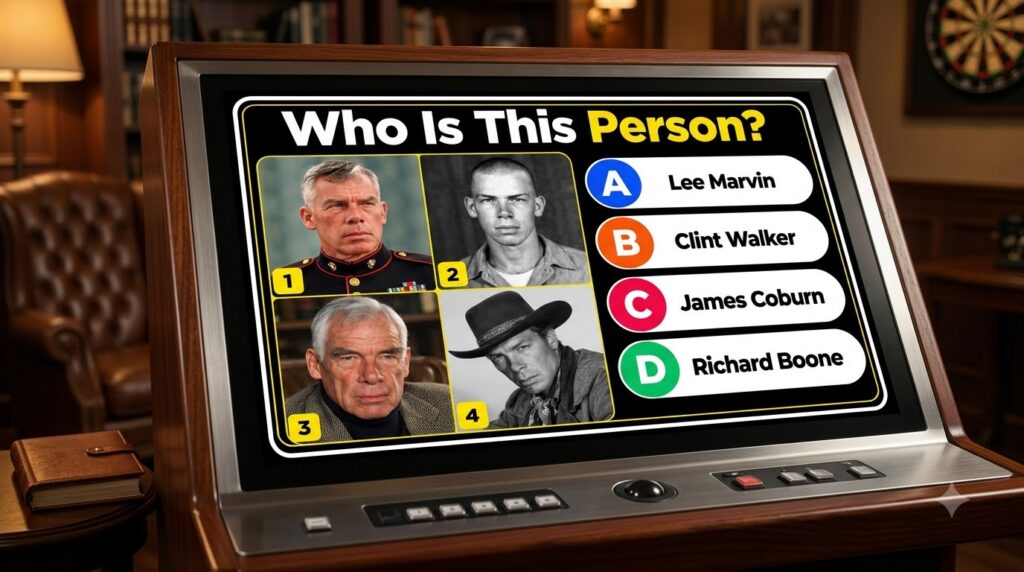 A multiple-choice quiz image featuring four different headshots of the same classic Hollywood actor with the question Wh