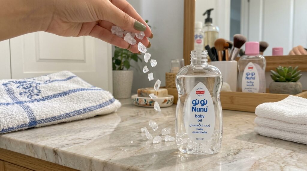 A hand with green manicured nails dropping clear crystals into a bottle of baby oil