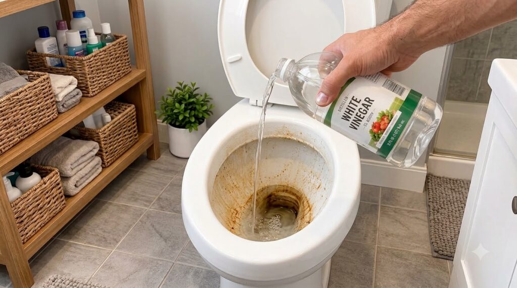 A person pouring distilled white vinegar from a bottle into a heavily stained toilet bowl with visible liquid stream and