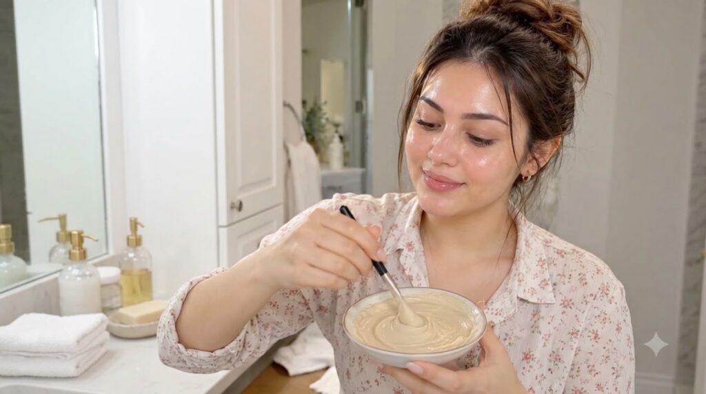 A young woman gently stirring a creamy light-colored turmeric and yogurt mask in a white bowl with a small brush with a 