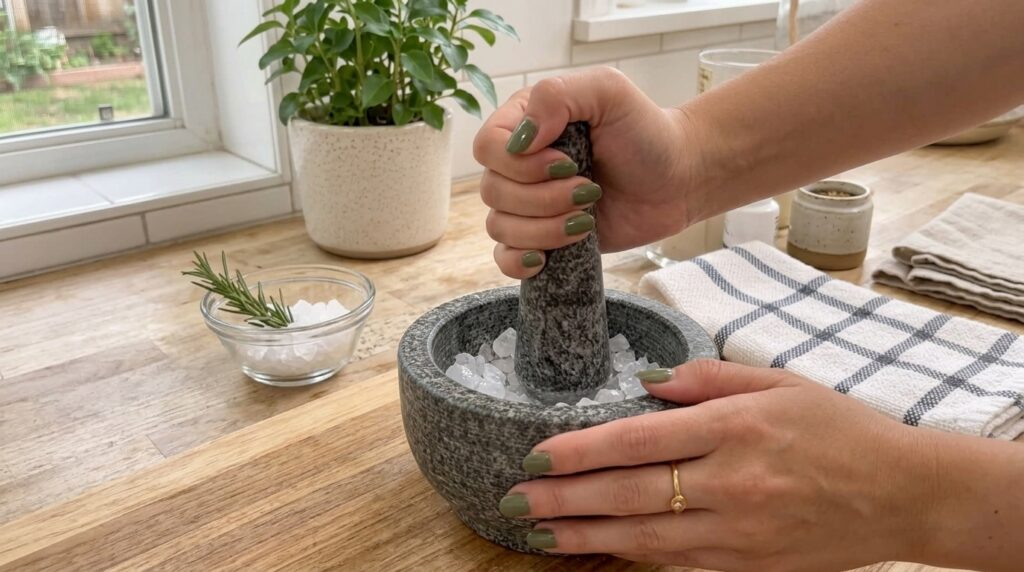 Close-up of hands using a granite mortar and pestle to gently grind sugar crystals for a lip scrub