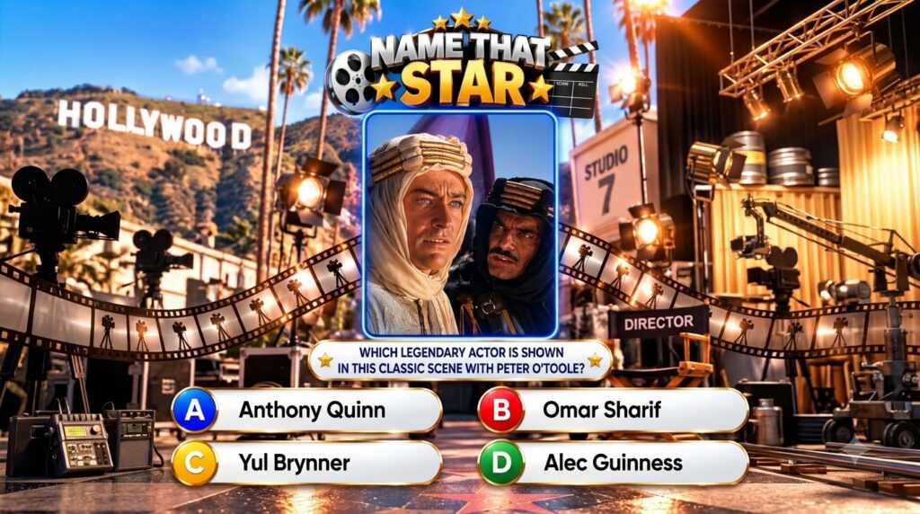 A mobile game interface titled Name That Star showing Peter O Toole and Omar Sharif from Lawrence of Arabia in a framed 