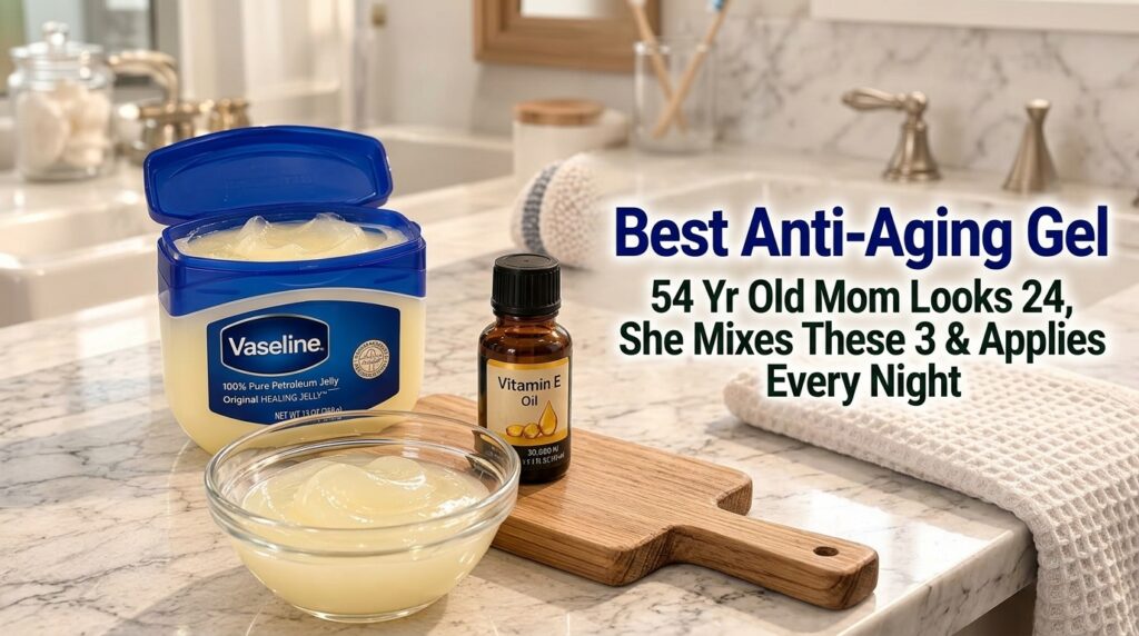 A DIY beauty setup with an open tub of Vaseline a small bottle of Vitamin E oil and a bowl of a yellow viscous mixture o