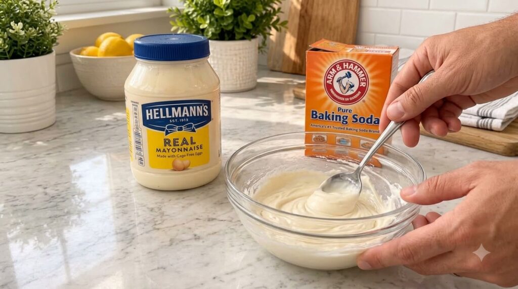 Close-up overhead view of hands gently stirring a creamy white mixture in a clear glass bowl with a jar of mayonnaise an