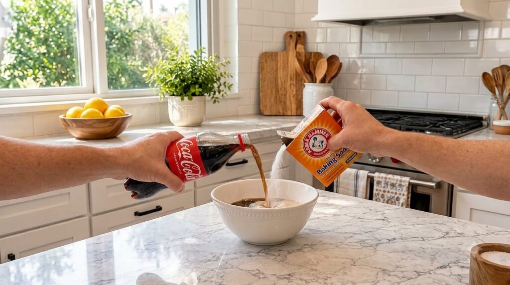 Hands pouring Coca-Cola and baking soda into a white ceramic bowl in a modern kitchen with marble countertops