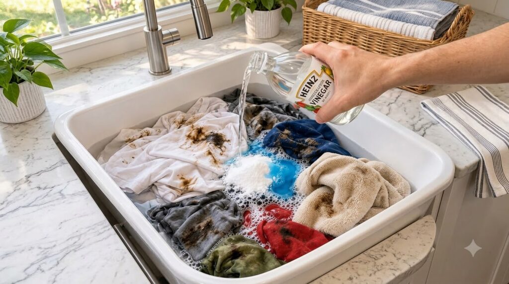 A hand pouring white distilled vinegar into a utility sink filled with dirty clothes washing powder and a blue liquid cr