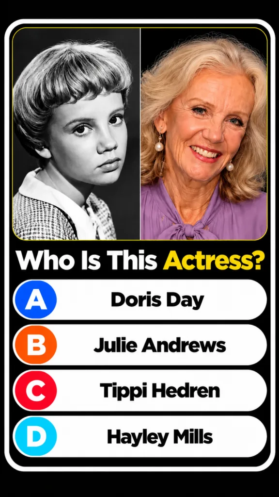 A quiz graphic featuring two portraits of Hayley Mills one as a child and one as an older woman with the question Who Is
