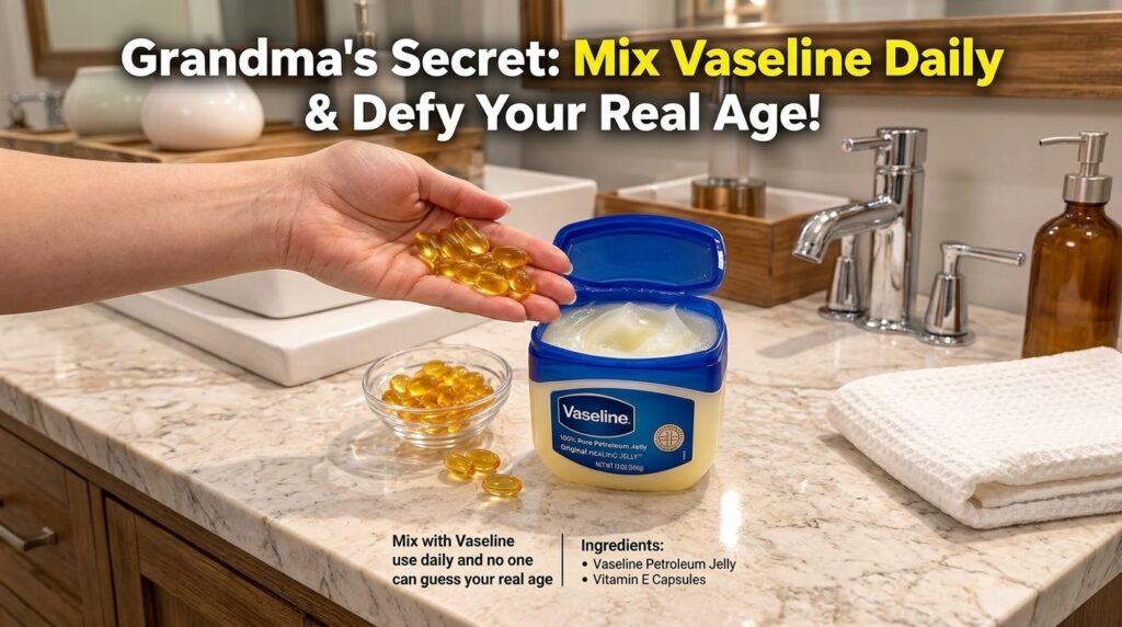 A hand holding golden vitamin E capsules over an open tub of Vaseline Petroleum Jelly with a small bowl of capsules near