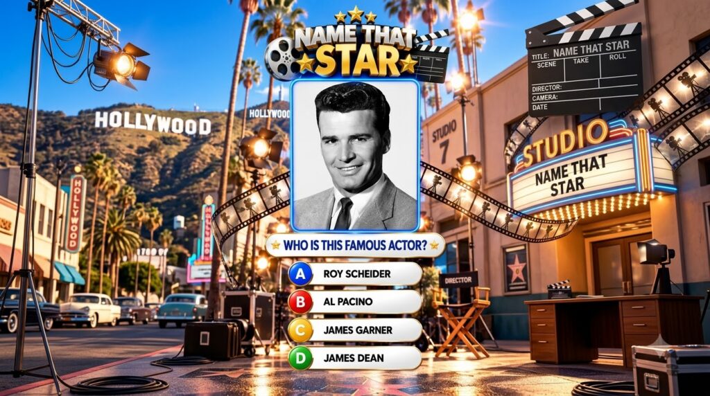 A Name That Star game interface featuring a black and white portrait of actor James Garner in a glowing blue frame again