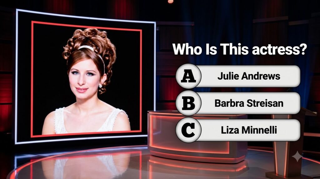 A vertical social media quiz featuring a portrait of Barbra Streisand with curly brown hair a white headband and a beade