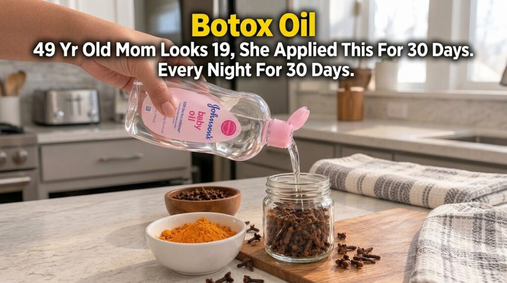 A hand pouring Johnson s baby oil into a glass jar filled with cloves Two wooden bowls with cloves and turmeric powder a