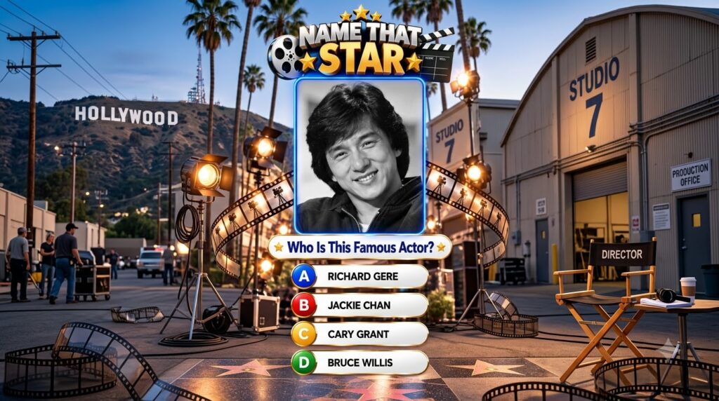 Quiz interface titled Name That Star with a black and white portrait of Jackie Chan Hollywood collage background and qui