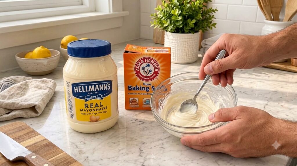 A person s hands are holding a clear glass bowl actively stirring a creamy white mixture with a metal spoon In the backg