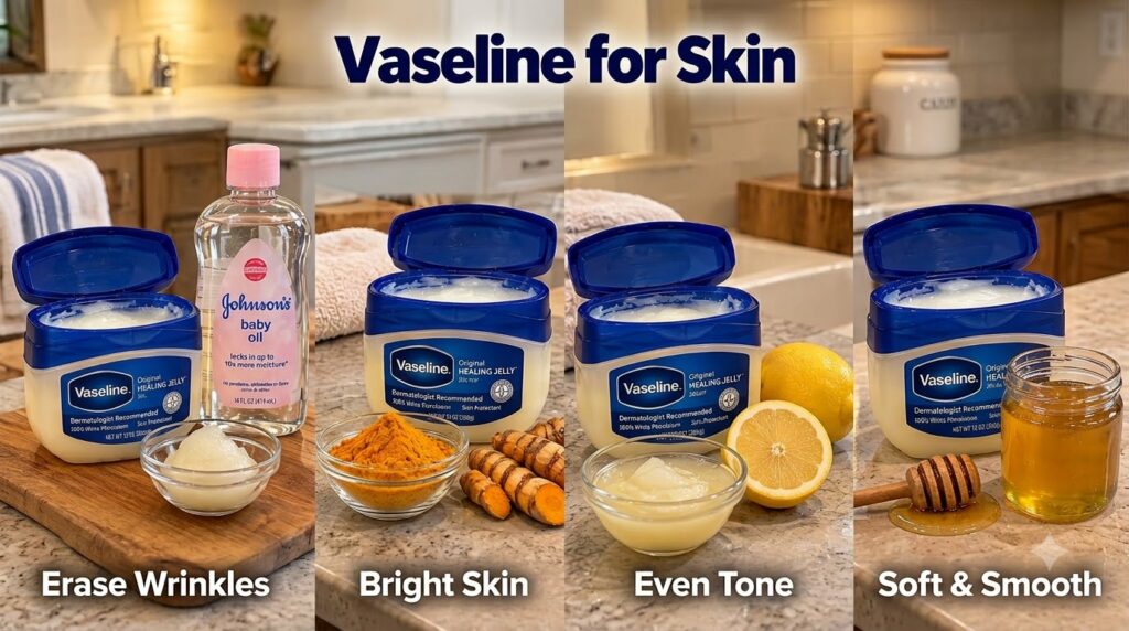A four-panel grid showing different Vaseline beauty hacks Each panel features a jar of Vaseline a natural ingredient lik