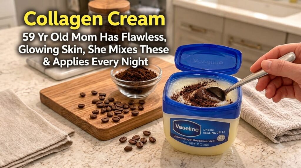 A person mixing fine coffee grounds into a tub of Vaseline Original Healing Jelly with a spoon on a wooden board A small