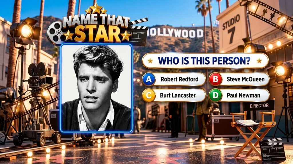 A Name That Star quiz screen featuring a black and white portrait of a young male actor with wavy hair and intense eyes