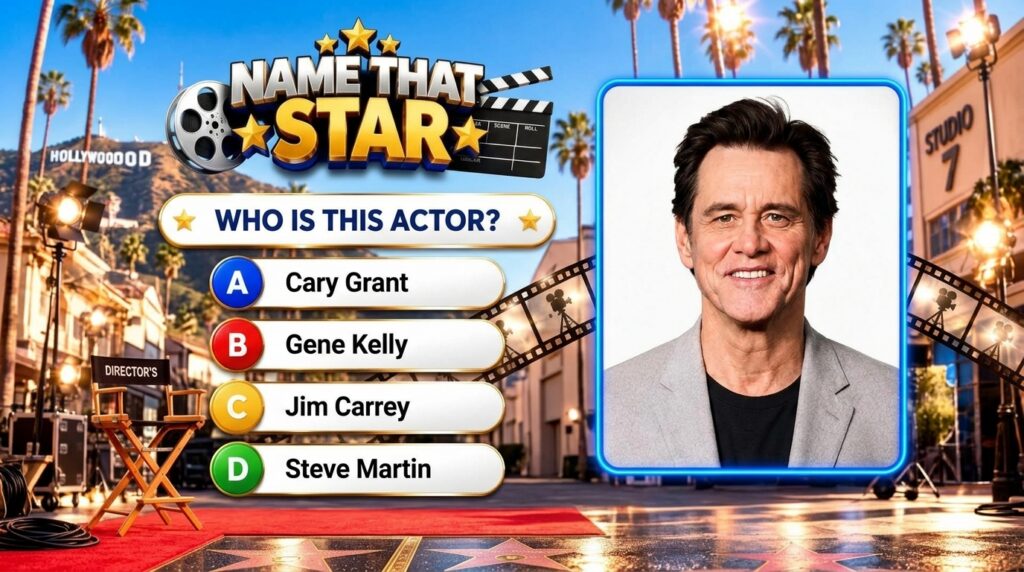 A Name That Star quiz screen featuring a headshot of Jim Carrey with a neon blue border against a stylized Hollywood bac